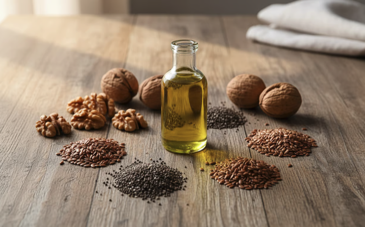 Roślinne produkty bogate w kwasy omega-3 dla osób na diecie wegańskiej.