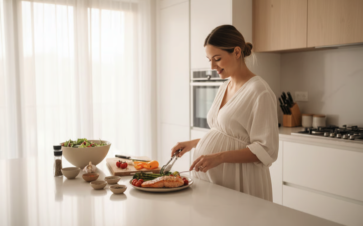 Kobieta w ciąży dbająca o dietę bogatą w kwasy omega-3.