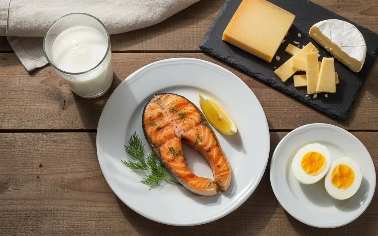 Talerz z produktami bogatymi w witaminę B12: rybą, jajami i nabiałem